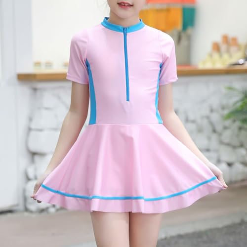 Image of IDOPIP Girls Short Sleeve Swimsuit Summer One Piece Swim Dress with Boyshorts Beach Rash Guard Bathing Suit Swimming Suit
