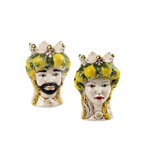 Teste di Moro Coppia Re e Regina Caltagirone, Stile Ceramiche Siciliane, Vaso Testa di Moro in Ceramica 12x18 cm