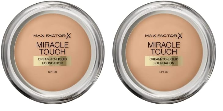 Max Factor Miracle Touch Foundation in der Farbe 60 Sand – Intensives, pudriges Make-up für ein makelloses Hautbild – Mit Lichtschutzfaktor 30 (Packung mit 2)