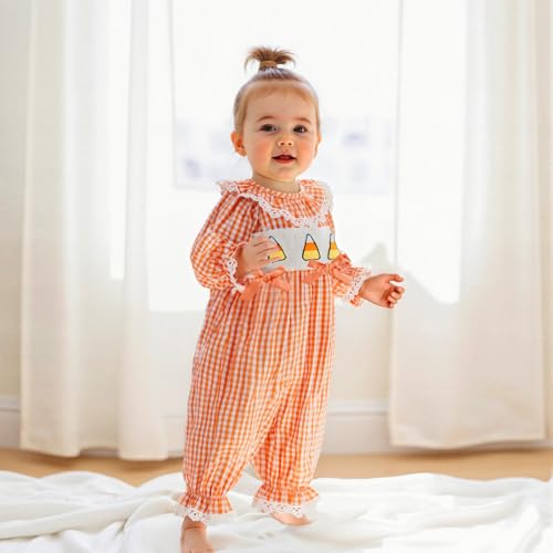 Baby Girl Halloween Outfits Plaid Lace Trim Candy Corn Embroideried Romper Long Sleeve Jumpsuit Fall Clothes4