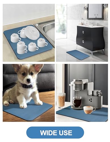 Image of Dish Drying Mat for Kitchen Counter, Dish Drying Pad with Non-slip Rubber Backed, Hide Stain Anti Absorbent for Kitchen Counter, Drying Mat for Coffee Machine Dish Rack, 12 inchx19 inch Blue