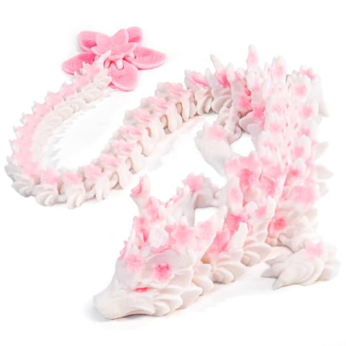 Outgoto 3D Printed Cherry Blossom Dragon 11.8in Realistic Articulated Dragon Fidget Toy Desk Dcor and Collectible (White Pink)