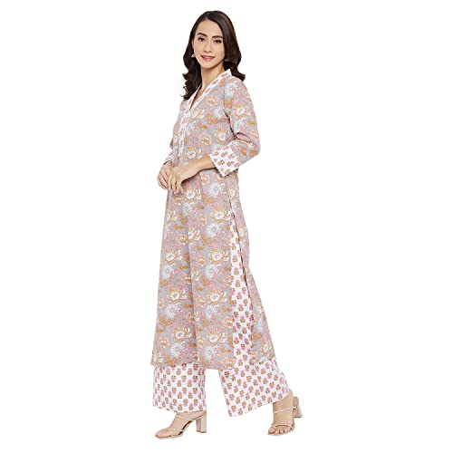 Image of Tissu Women's Cotton Sea Green & Pink Floral Printed Kurta with Palazzo