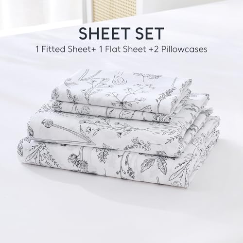 Image of 100% Natural Cotton Percale Sheets Set,King Size 4 PC, Breathable&Durable Hotel Quality Bedding, 16 inch Deep Pocket Botanical Floral Bedsheets,White