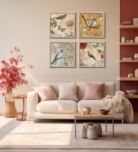 Image of Large Framed Flowers Birds Canvas Wall Art for Bedroom Floral Wall Decor Butterfly Picture Artwork Vintage Prints Paintings for Living Room Bathroom Kitchen Decorations 16 inchx16 inch