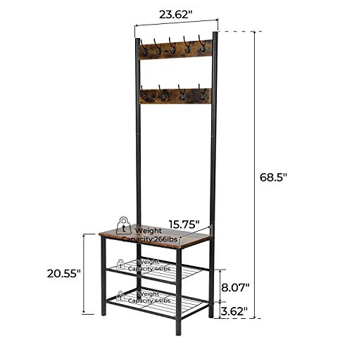 CHADIOR, Shoe Bench, Industrial Hall Tree, Entryway Storage Shelf Stand with Hooks, Wood Look Accent Furniture, 3-in-1 Design Easy Assembly Coat Racks, Neutral