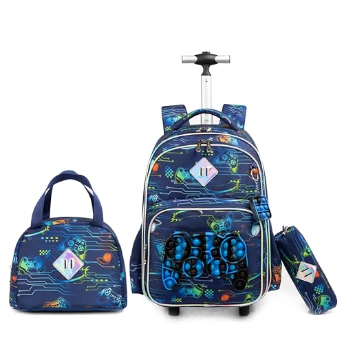 Mochilas de Rodinhas Infantis - Kit de 3 peças com mochila de rodinhas, lancheira e estojo, ideal para crianças e estudantes (Brinquedo de agitação para gamepad)