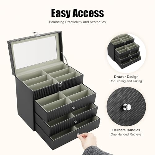 Boîte à lunettes carbone noir avec tiroirs de rangement et coffret verre