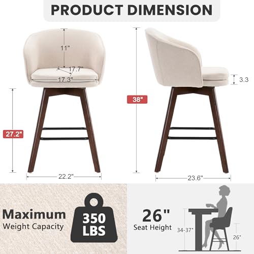 Butacos de altura para barra Rowill, giratorios 360° con respaldo curvo y reposabrazos, patas de madera maciza, tapizados en tela chenilla, estilo moderno para isla de cocina (Beige, asiento de 26", juego de 2) miniatura 2
