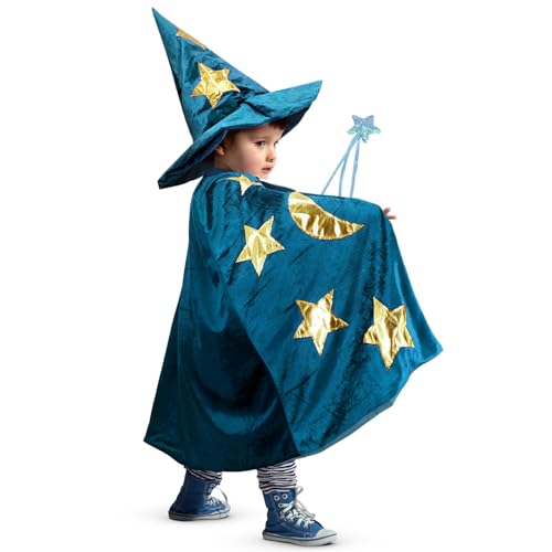 CosInStyle Kids Wizard Witch Cloak With Hat And Wand Halloween Boys and Girls Cape Costume Props for Cosplay Party Fancy Dress (Blue)