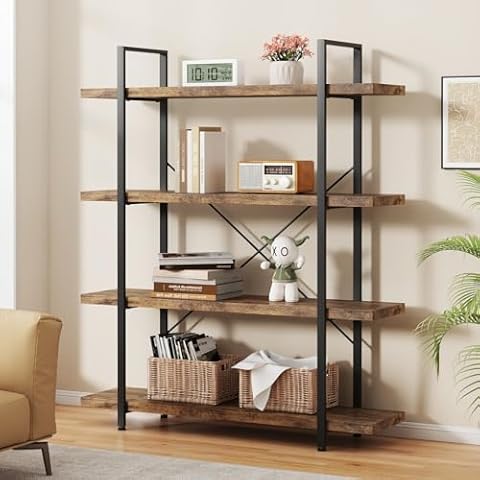 OtterOasis Bookshelf, 4 Tier Book Shelf, Industrial Bookcase for Home and Office, 47" Length Wide Wood Standing Bookshelf Display Open Shelving Rack, Rustic Horizontal Shelves for Living Room Bedroom Cover