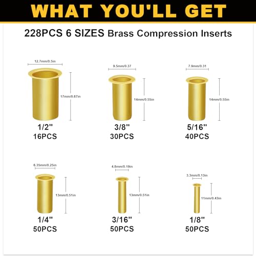 Image of Siptenk 236PCS 1 /2 inch 3 /8 inch 5 /16 inch 1 /4 inch 3 /16 inch 1 /8 inchBrass Compression Tube Insert