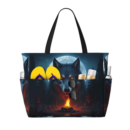 Beach Bag for Women, Waterproof Sandproof Beach Pool Travel Duffel Bags with 7 Pockets, Large Capacity Shoulder Tote Bag for Gym Travel Vacation Essential, Animal Wolf Fire Moon