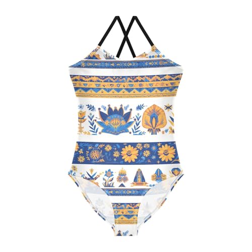 KLL Vector Illustration Ukrainian Folk Pattern Girl 1 Piece Swimsuits Summer Swimwear Adjustable Shoulder Strap UPF 50+