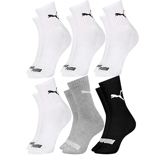 PUMA Kit 6 Pares Meia Cano Médio Esportiva Algodão Sola Atoalhada Costura Fina Masculina Feminina Unissex Adulto, 4 Branco - 1 Cinza - 1 Preto, M (34-39)