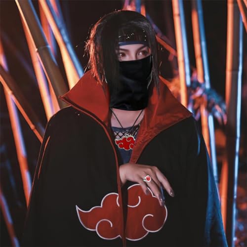 Image of PATPAT Akatsuki Costume Akatsuki Cloak Set of 4Pcs, Anime Cosplay Itachi Costume for Women Men Teenages with Headband, Necklace & Ring for Halloween, Cosplay, Party