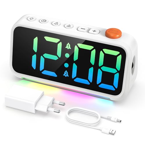 LATEC Despertador Digital, Reloj Despertador Infantil Alimentado por Red con Luz RGB, 2 Alarmas, Función de Snooze, Formato 12/24 Horas y Puerto de Carga USB (Adaptador Incluido)