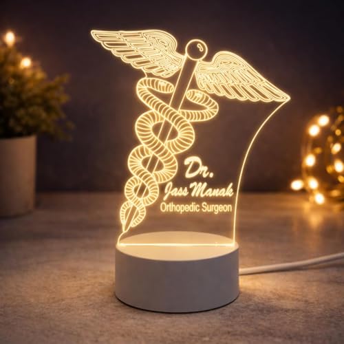 Image of Doctor Themed 3D Illusion LED Night Lamp - Personalized Medical Professional Name Lamp - Warm White USB Powered Acrylic Table Light - Gift for Doctors, Nurses, Healthcare Workers (Dr lamp 1)