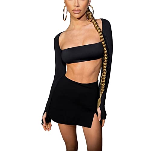 Azhong Women’s 2 Piece Set Long Sleeve Square Neck Crop Top Bodycon Mini Club Party Skirt Set4