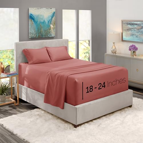 Image of Nestl Full Size Sheet Set, 4 Piece Extra Deep Pocket (18-24 inches), Microfiber, Hotel Luxury, Soft, Breathable, Wrinkle-Free, Easy to Care, Pink Clay