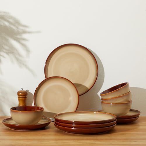 Image of Pokini Ceramic Dishes Set for 8, 24 Piece Stoneware Dinnerware Sets, Chip and Scratch Resistant, Easy to Stack & Clean, Modern Rustic Look, Brown Yellow