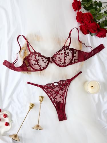 Image of Lilosy Sexy Underwire Cute Push Up Strappy Embroidered Mesh Sheer Lingerie Set See Through Panty Bra