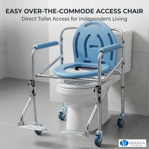 Image of Veayva Heavy-Duty Commode Chair with Wheels, Footrest & Adjustable Seat - Portable Toilet Chair for Elderly, Disabled, and Patient Care
