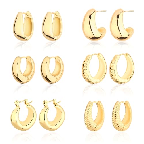 Wgoud 6 Pairs Chunky Gold Hoop Earrings for Women, 14K Gold Plated Hoop Earrings Hypoallergenic...