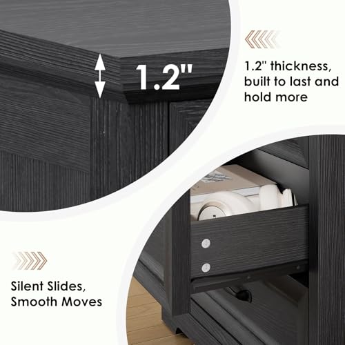 Image of HOMMPA 24'' Farmhouse Nightstand with Charging Station, Bedside Tables with Storage, Side Table with AC Outlets & USB Port, 3 Drawers End Table Dresser, Wood Night Stand for Bedroom, Black