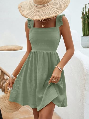 Image of SISKIN Women's Summer Spaghetti Strap Sleeveless Square Neck Ruffle A Line Swing Mini Dress 2025