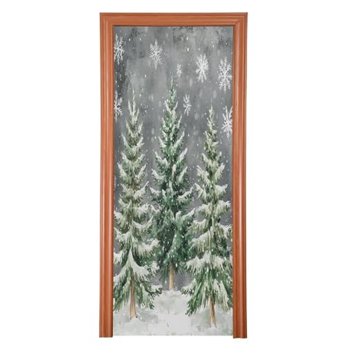 J JOYSAY Christmas Snowflakes Green Trees Door Decorations Door Cover Door Xmas Decorations Front Door Christmas Decorations for Christmas Party Supplies,32x79 in