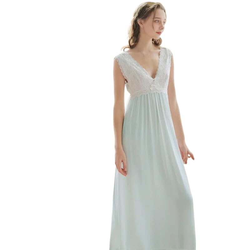OFFSUM Camisón De Pijama De Mujer - Camisón Sin Mangas De Algodón Estilo Palacio De Gran Tamaño Sexy Bordado De Encaje Princesa Ropa De Dormir De Color Sólido Lencería,Azul,XL