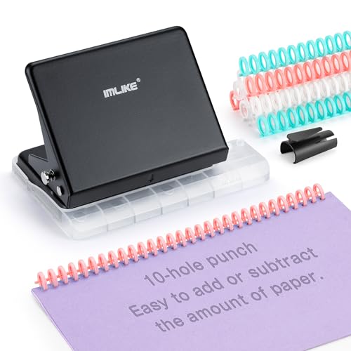 IMLIKE 10-Hole Binding Machine for Planners - Metal Manual Binding System with 10 Multi-Color 30-Hole Loose Leaf Binding Spines - Punches 26 Holes on B5, 30 Holes on A4, 20 Holes on A5 Paper - Black by IMLIKE - Used condition - US$26.99