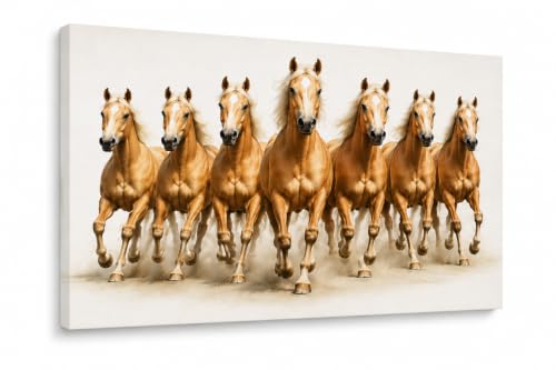 Image of 7 Horse Vastu Sunrise Canvas Painting | Positive Energy Wall Decor | Big Size Premium Running Horses Artwork for Home, Office & Hall Decoration (Modern, Light Brown Horse, 26x18 Inch)