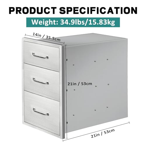 Image of Outdoor Kitchen Drawers 14 inch W x 21 inchH x 21 inchD Stainless Steel Drawer BBQ Triple Drawers with Chrome Handle for Outdoor Kitchen Island, Patio Grill Station