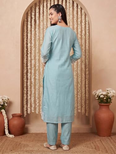 Image of INDO ERA Women's Straight Cotton Kurta Palazzo with Dupatta Set | Cotton kurta sets for women