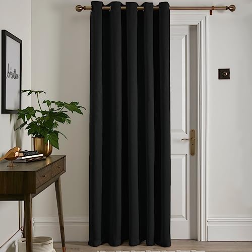Fusion Strata Black Eyelet Curtain – Single Panel W66 x L84 (168 x 214cm) – Thermal Insulated – Bedroom/Living Room/Door – Modern Blackout Drape