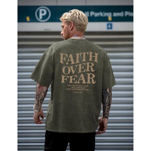 Image of Christian Faith Over Fear Shirt for Men Jesus Religious Shirts Oversized Graphic Tees Acid Wash God T-Shirt