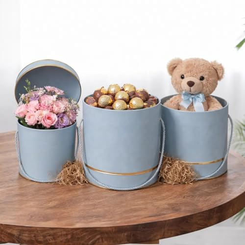 Image of Oasis Pack Of 3 Hamilton Flower & Holi Gift Hamper Boxes With Lid | Classic Bouquet Box With Rope Handle For Flower Arrangement & Decorative Gift Packaging Box With Waterproof Liner - Blue