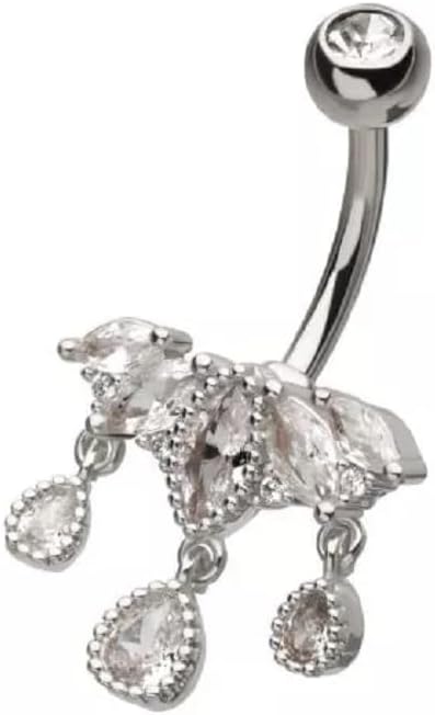 Pierced Owl 14GA 316L Stainless Steel CZ Crystal Marquise Cluster with Dangling Gems Belly Button Ring - Image 2