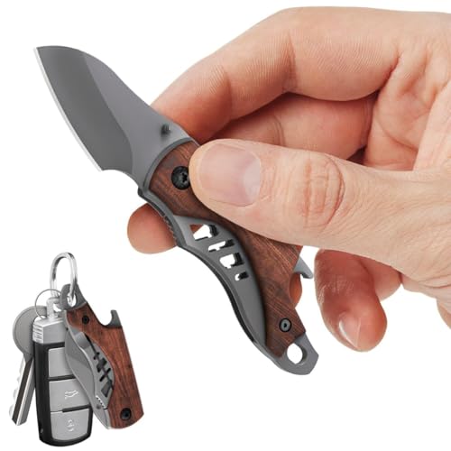 Small Pocket Knife for Men - 5.7’’ Keychain Knife with Bottle Opener - Box Cutter - Wood Handle - Liner Lock - Legal Folding Mini Multitool - Cool Sharp Tiny EDC Gadgets - Gift for Everyone 6779 N