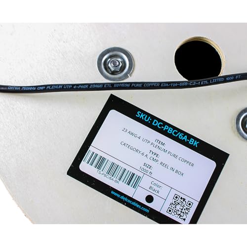 Delco Cables Cat6A Plenum Cable 1000ft | ETL Listed | Twisted Pairs | 23AWG Solid Bare Copper | 750MHz High-Speed Ethernet | Wooden Reel | Fire Retardant CMP (Cat6A Plenum Unshielded, Black, 1000ft) by Delco Cables - Image 3