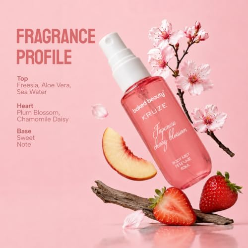 Image of BAKED BEAUTY Kruze Japanese Cherry Blossom Perfume Body Mist | Refreshing Long Lasting Tropical Fragrance|Double Duty Mist For Hair & Body| Travel-Friendly Perfume Body Spray for Women- 60ml