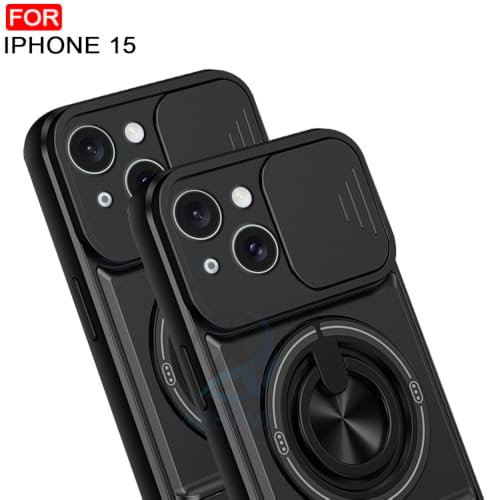 Image of AESTMO iPhone 15 Back Cover | Armor Camera Slider 360 Degree Rotating Finger Ring Holder Case with Bracket Stand Back Case Cover (Compatible with MagSafe Accessories) (Black)