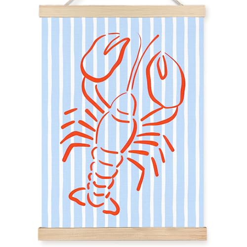 Image of PQKIY Trendy Red Lobster Coastal Wall Art Poster Hanger Frame 12x16 in, Summer Nautical Beach Seafood Blue Striped Wall Decor Canvas Prints for Home Kitchen Dining Room