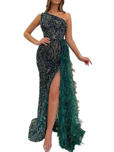 Onsoyours Robe à sans Manches pour Femme Asymétrique Robe Pailletée Robe de Soirée Robe Fendue en Plumes Robe Longue Robe de Cocktail A Vert M