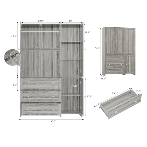Image of VOWNER Armoire Wardrobe Closet with Drawers and Mirror, 71 inch Clothing Storage Cabinet with Hanging Rod, 4 Doors Wooden Wardrobe Cabinet for Bedroom, Large Capacity Storage (1, Gray Oak)