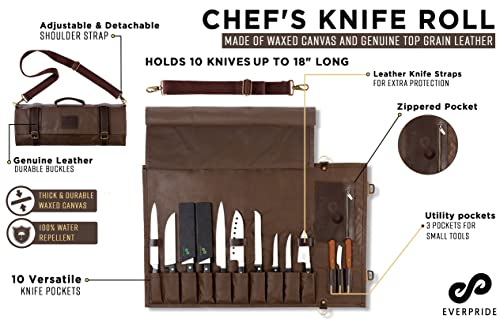 EVERPRIDE Waxed Canvas and Leather Chef Knife Roll Bag – Chef Bag Holds 10 Knives up to 15” PLUS Pocket for Cooking Accessories – Durable Knife Case for Professional Chefs – Knives Not Included - Image 3