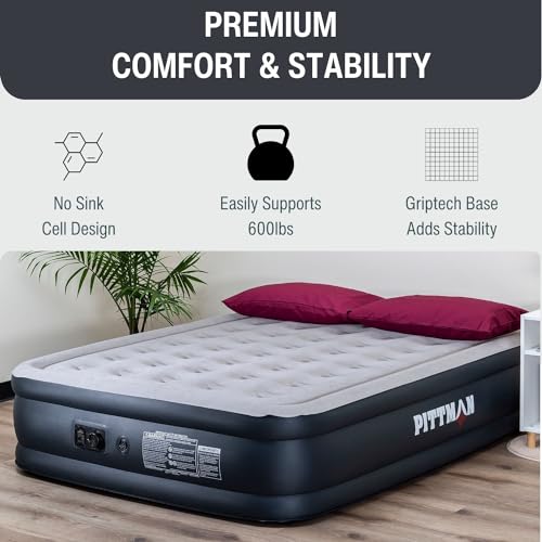 Image of Pittman Outdoors Queen Air Mattress - 18 inch Black Double High, Queen Air Mattress with Built in Pump, 600lb Capacity, Portable Inflatable Bed with Carry Bag, Blow Up Mattress for Guests, Home & Travel