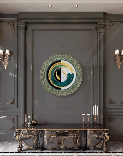 Image of Round Wall Art with Golden Koi Fish, Teal and Gold Abstract Painting, Greek Key Border Design, Marble Effect Decorative Plate